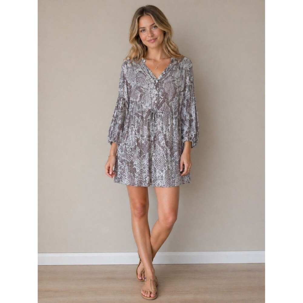 Olivaceous Brown Gray Python Snake Print Belted Long Sleeve Dress Size Small
